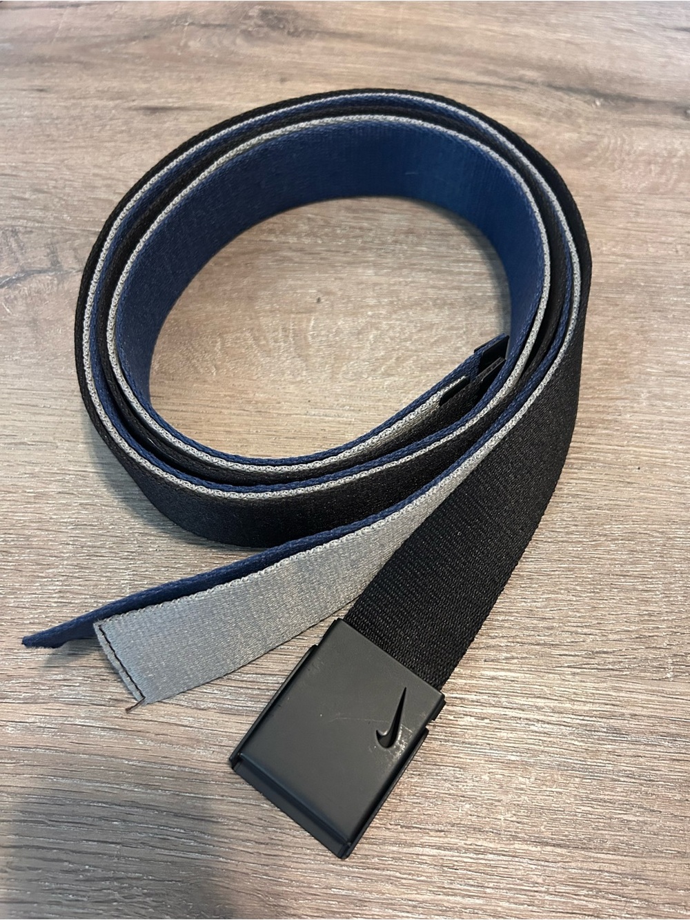 Nike Reversible Web Belt Mens One Size Navy Gray Black Matte Swoosh Buckle